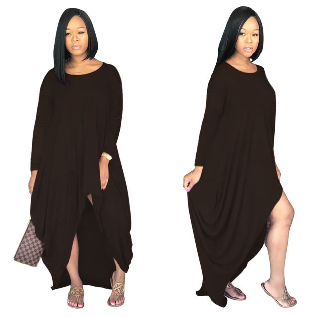 Long Sleeve Boho Dress Solid Color Irregular Maxi Dresses PQSD107B