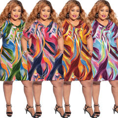 Red Fashion V-neck Casual Dresses Abstract Print Plus Size Dress PQ0036A