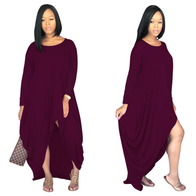 Long Sleeve Boho Dress Solid Color Irregular Maxi Dresses PQSD107B