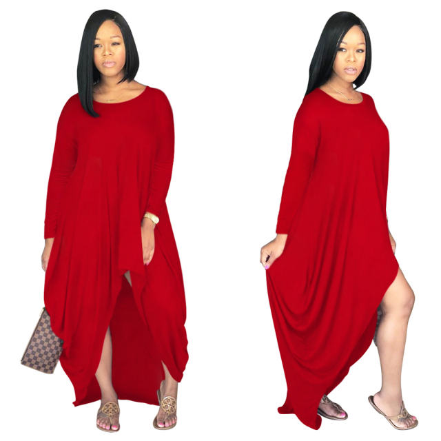 Long Sleeve Boho Dress Solid Color Irregular Maxi Dresses PQSD107B