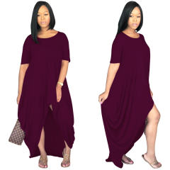Solid Color Irregular Maxi Dresses Short Sleeve Boho Dress PQSD107A