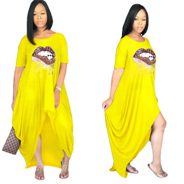 Black Short Sleeve Maxi Dresses Lip Offset Print Irregular Boho Dress PQ0077A