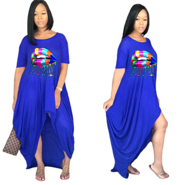 Black Lip Offset Print Irregular Boho Dress Short Sleeve Maxi Dresses PQ0087A