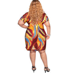 Red Fashion V-neck Casual Dresses Abstract Print Plus Size Dress PQ0036A