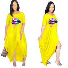 Black Lip Offset Print Irregular Boho Dress Short Sleeve Maxi Dresses PQ0087A