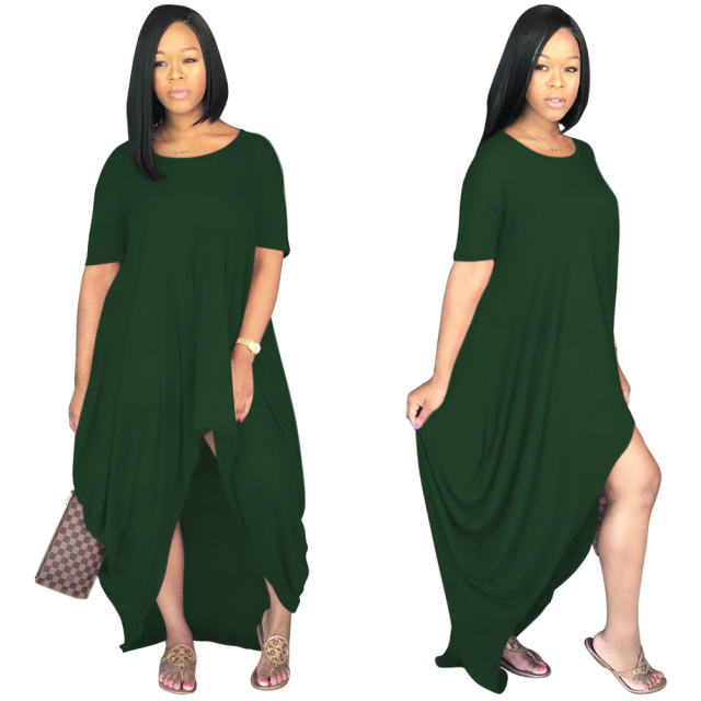 Solid Color Irregular Maxi Dresses Short Sleeve Boho Dress PQSD107A