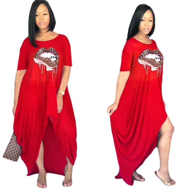 Black Short Sleeve Maxi Dresses Lip Offset Print Irregular Boho Dress PQ0077A
