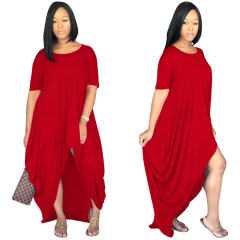 Solid Color Irregular Maxi Dresses Short Sleeve Boho Dress PQSD107A