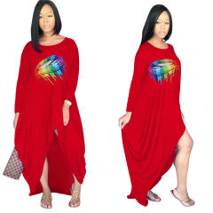 Long Sleeve Maxi Dresses Lip Offset Print Irregular Boho Dress PQSD110