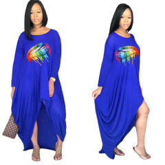 Long Sleeve Maxi Dresses Lip Offset Print Irregular Boho Dress PQSD110