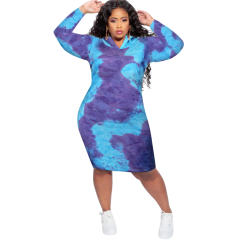 Sport Long Sleeve Plus Size Casual Dress Tie-dye Hoodies Dress PQSD039C