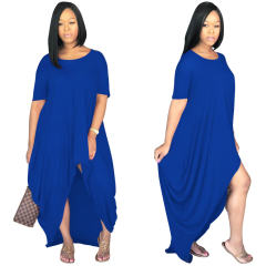 Solid Color Irregular Maxi Dresses Short Sleeve Boho Dress PQSD107A