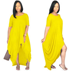 Solid Color Irregular Maxi Dresses Short Sleeve Boho Dress PQSD107A