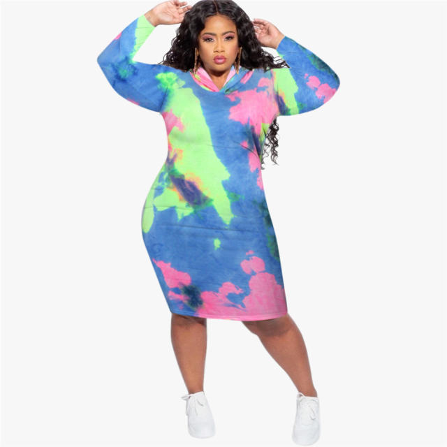 Sport Long Sleeve Casual Dress Tie-dye Plus Size Hoodies Dress PQSD039D