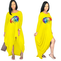 Long Sleeve Maxi Dresses Lip Offset Print Irregular Boho Dress PQSD110
