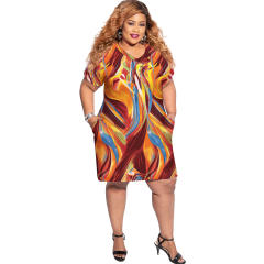 Red Fashion V-neck Casual Dresses Abstract Print Plus Size Dress PQ0036A