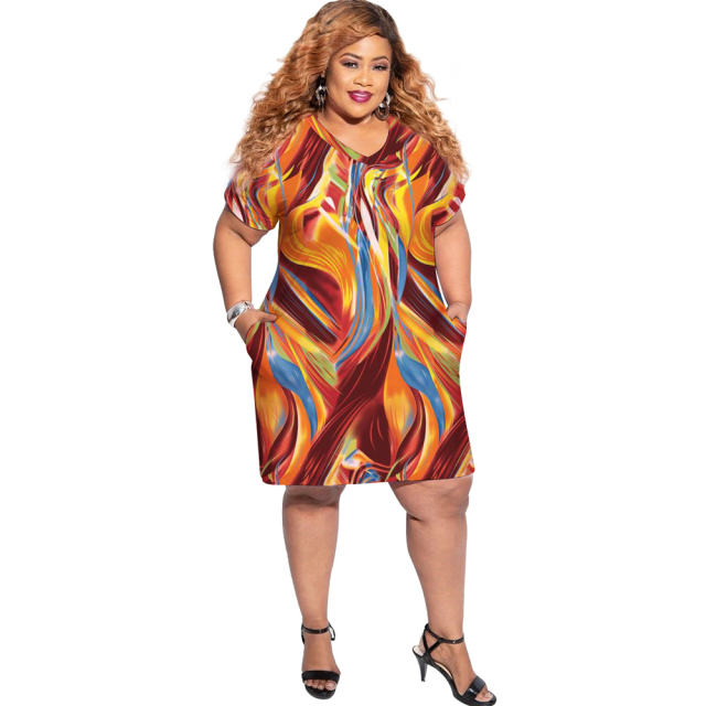 Red Fashion V-neck Casual Dresses Abstract Print Plus Size Dress PQ0036A