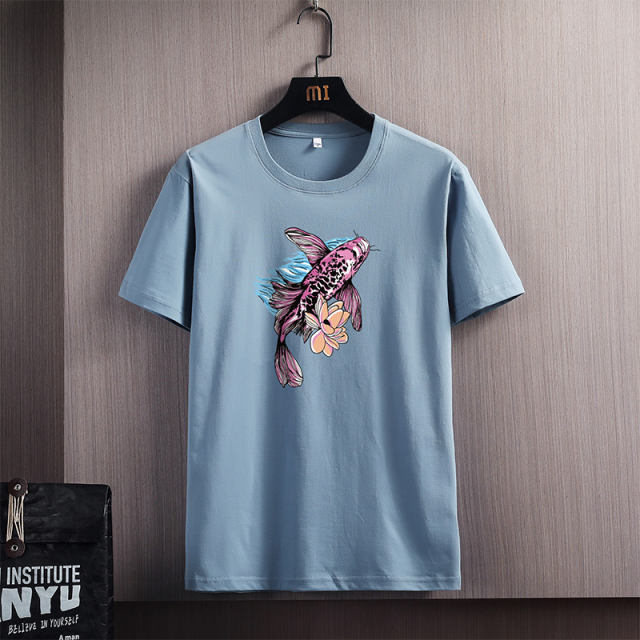 Chinese Style Koi Fish Cartoon T-shirt Trend Casual Cotton T Shirts NYH1007A