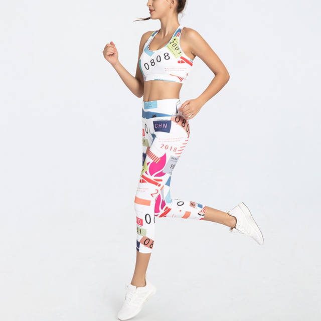 Women Bubble Butt Yoga Outfits Printed Fitness Bras with Running Leggings PQGS30027
