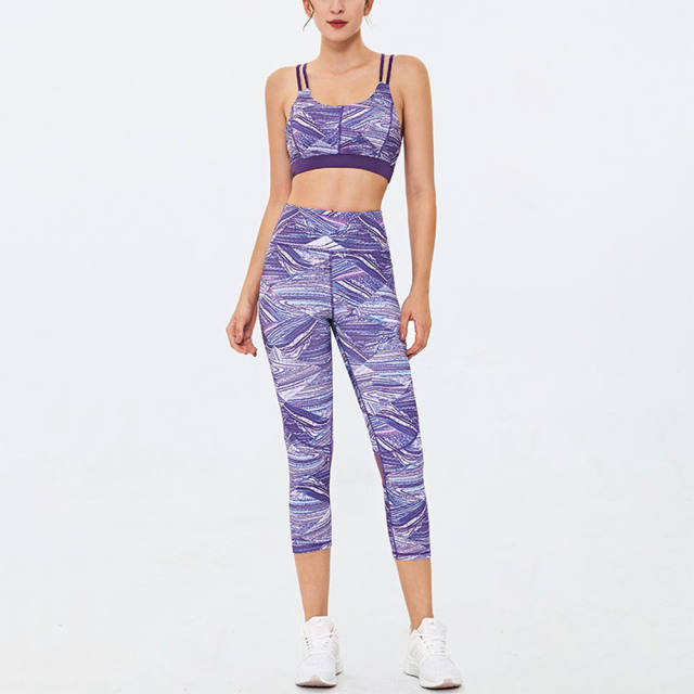 Digital Print Bubble Butt Yoga Outfits Women Fitness Bras with Running Leggings PQGS30026