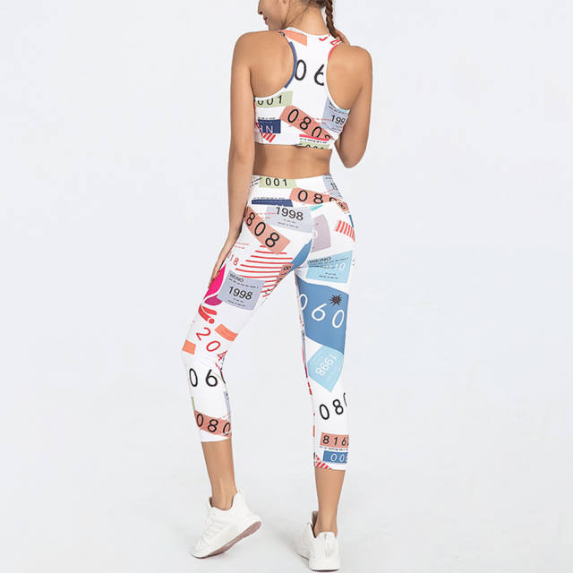 Women Bubble Butt Yoga Outfits Printed Fitness Bras with Running Leggings PQGS30027