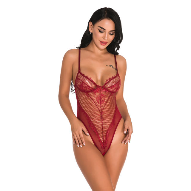 Wine Red Sheer Eyelash Lace Bodysuit Sexy Teddies Lingerie For Women PQ3279C