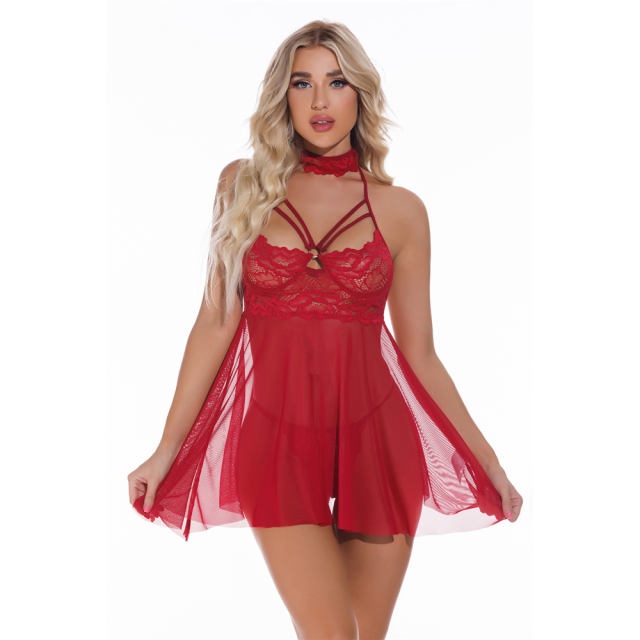 Red Sexy Babydoll Lingerie Sheer Lace Sleepwear For Women PQ4080B