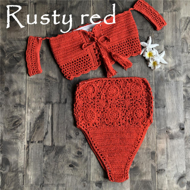 Blue Bandeau Bikini Women Tassel Beachwear Crochet Swimwear PQ3902C