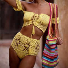 Yellow Bandeau Bikini Women Tassel Beachwear Crochet Swimwear PQ3902D