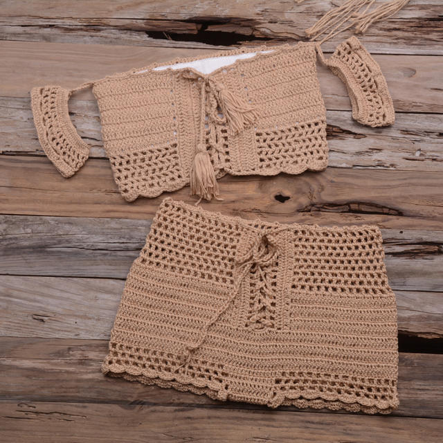 Green Bandeau Bikini Tassel Beachwear Women Crochet Swimwear PQ3909C