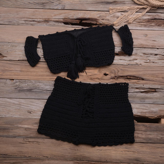 Green Bandeau Bikini Tassel Beachwear Women Crochet Swimwear PQ3909C