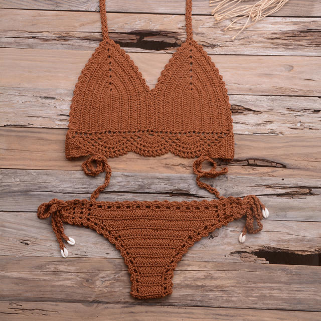 Khaki Crochet Bikini Bra Sets Sexy Beach Wear Women Swimwear PQ3918