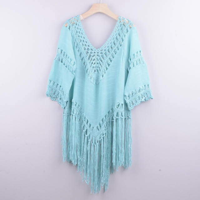 Green Tassel Beach Dresses For Women Crochet Rushguard Swimwear PQB008
