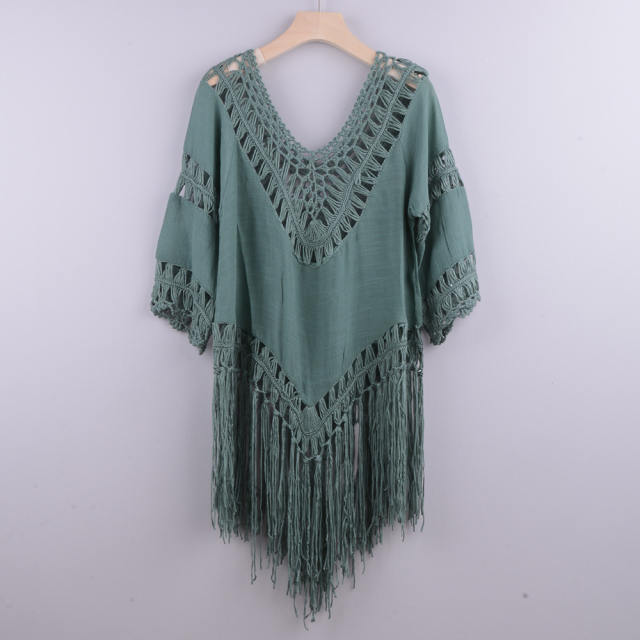 Green Tassel Beach Dresses For Women Crochet Rushguard Swimwear PQB008