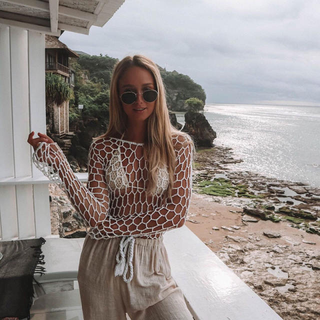 White Fishnet Beach Tops For Women Crochet Rushguard Swimwear PQ5903B