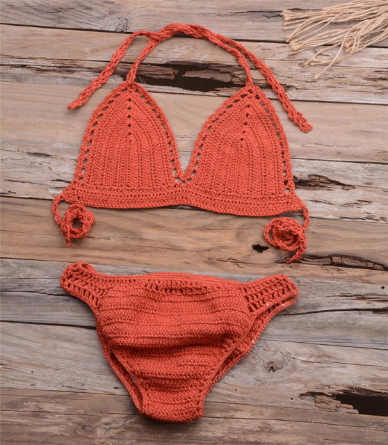 Khaki Crochet Bikini Bra with Panties Knit Swimwear Women Beachwear PQ6904A