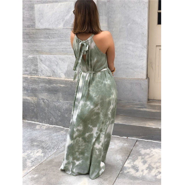 Red Halter Maxi Dresses For Women Tie Dyed Boho Dress PQLQ086A