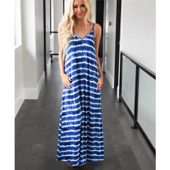 Blue Spaghetti Strap Maxi Dresses For Women Tie Dyed Boho Dress PQLQ075C