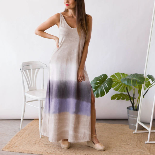 Sleeveless Maxi Dresses Striped Print Irregular Boho Dress PQLQ065