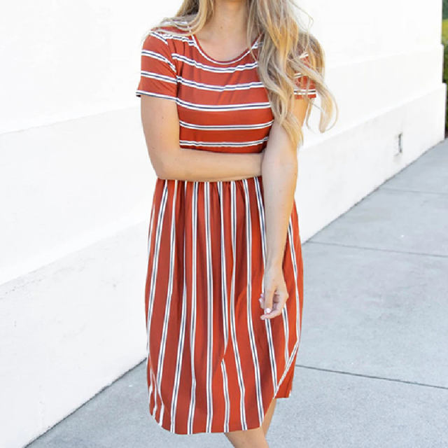 Red Striped Print Summer Dress For Women Short Sleeve Midi Dress PQLQ076B