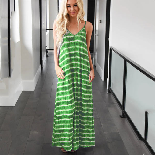 Blue Spaghetti Strap Maxi Dresses For Women Tie Dyed Boho Dress PQLQ075C