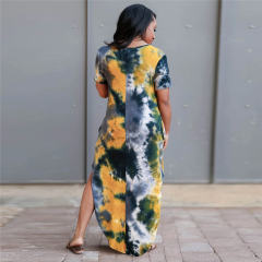 Red Short Sleeve Maxi Dresses Women Tie Dyed V-neck Boho Dress PQLQ098A