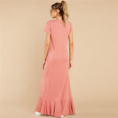 Short Sleeve Maxi Dresses Women Solid Color Boho Dress PQLQ099A