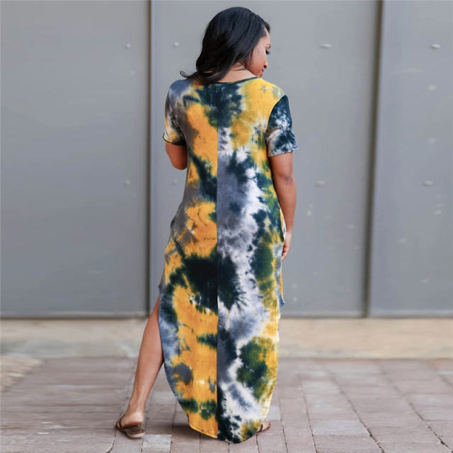 Black Short Sleeve Maxi Dresses Women Tie Dyed V-neck Boho Dress PQLQ098B