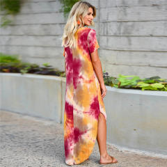 Green Short Sleeve Maxi Dresses Women Tie Dyed V-neck Boho Dress PQLQ098D