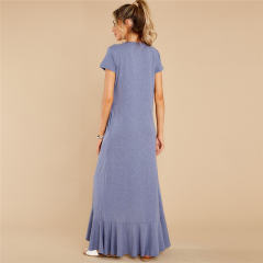 Short Sleeve Maxi Dresses Women Solid Color Boho Dress PQLQ099A