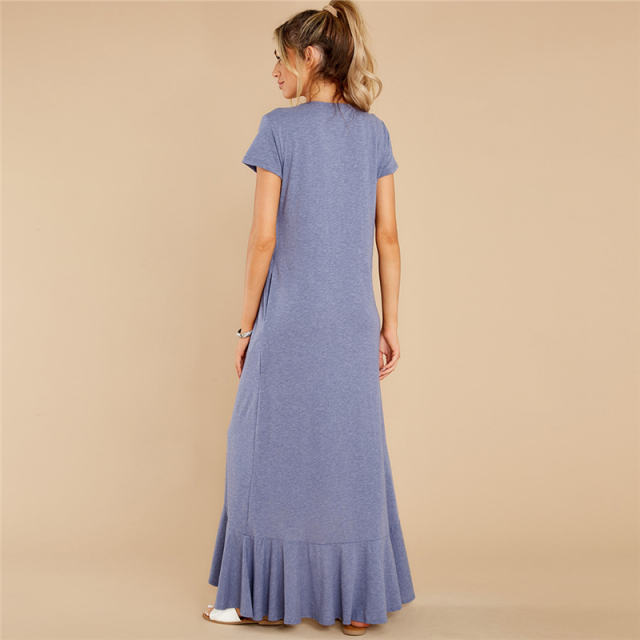 Short Sleeve Maxi Dresses Women Solid Color Boho Dress PQLQ099A