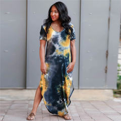 Green Short Sleeve Maxi Dresses Women Tie Dyed V-neck Boho Dress PQLQ098D