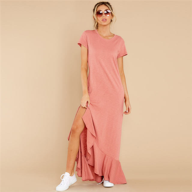 Short Sleeve Maxi Dresses Women Solid Color Boho Dress PQLQ099A