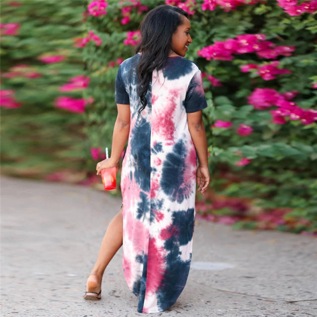 Black Short Sleeve Maxi Dresses Women Tie Dyed V-neck Boho Dress PQLQ098B